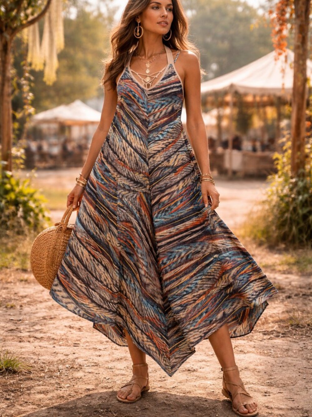 Boho Maxi Dress Handkerchief Hem Abstract Print Flowy Festival Cottagecore S